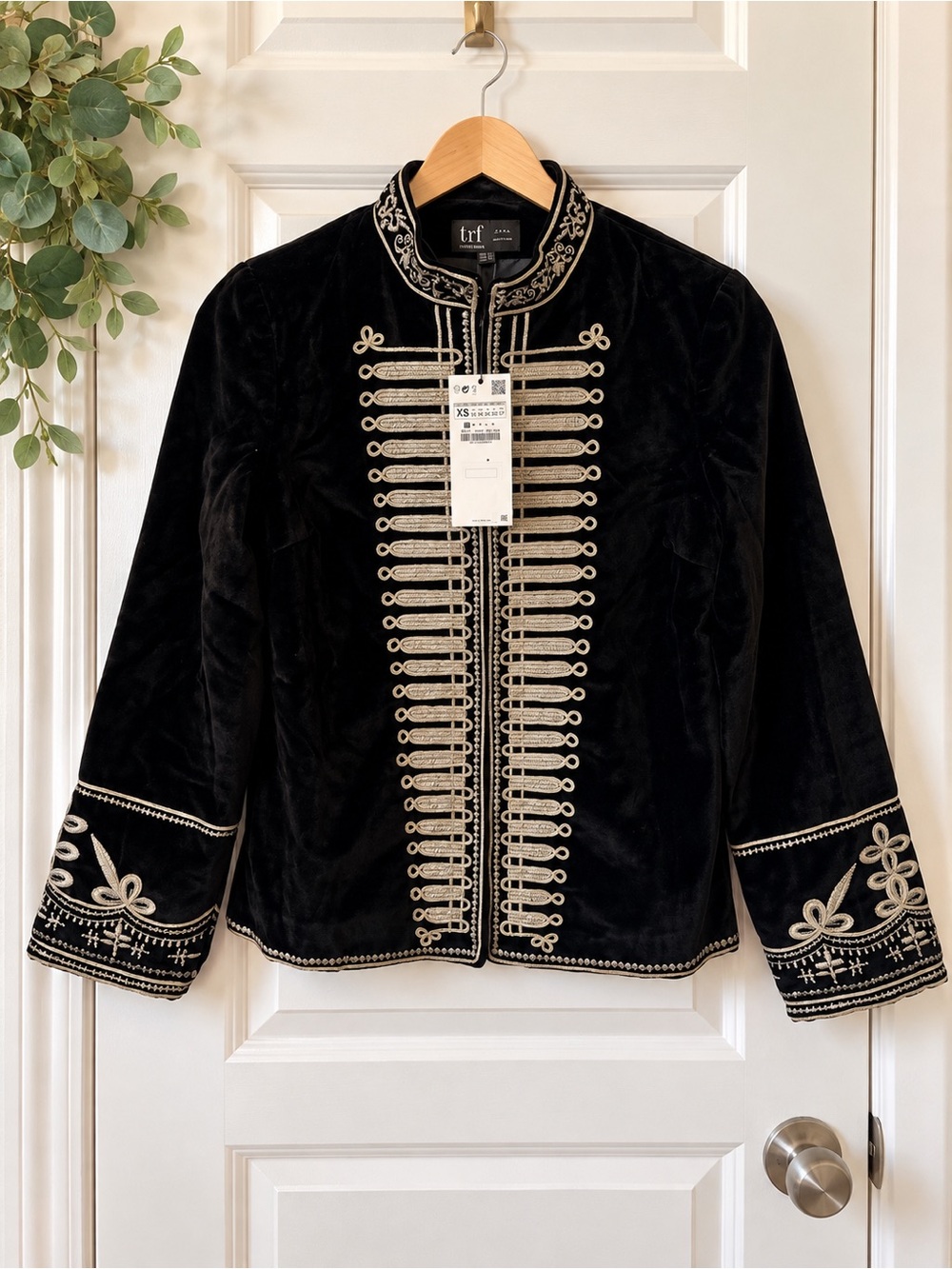 Zara TRF Black Velvet Embroidered Military-Style Jacket XS